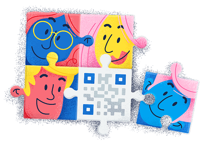 An in-progress puzzle that features different individuals on each piece. One of the central pieces that connects the others features a QR Code.