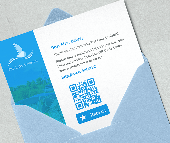 A postcard from a travel agency with a QR Code that gets consumers to leave a five-star scale rating after a trip.